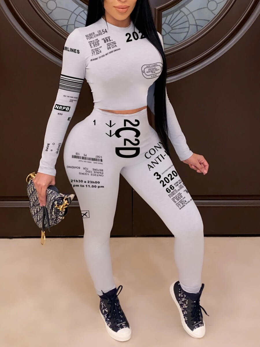 

Lovely Street O Neck Letter Print Light Grey Two Piece Pants Set