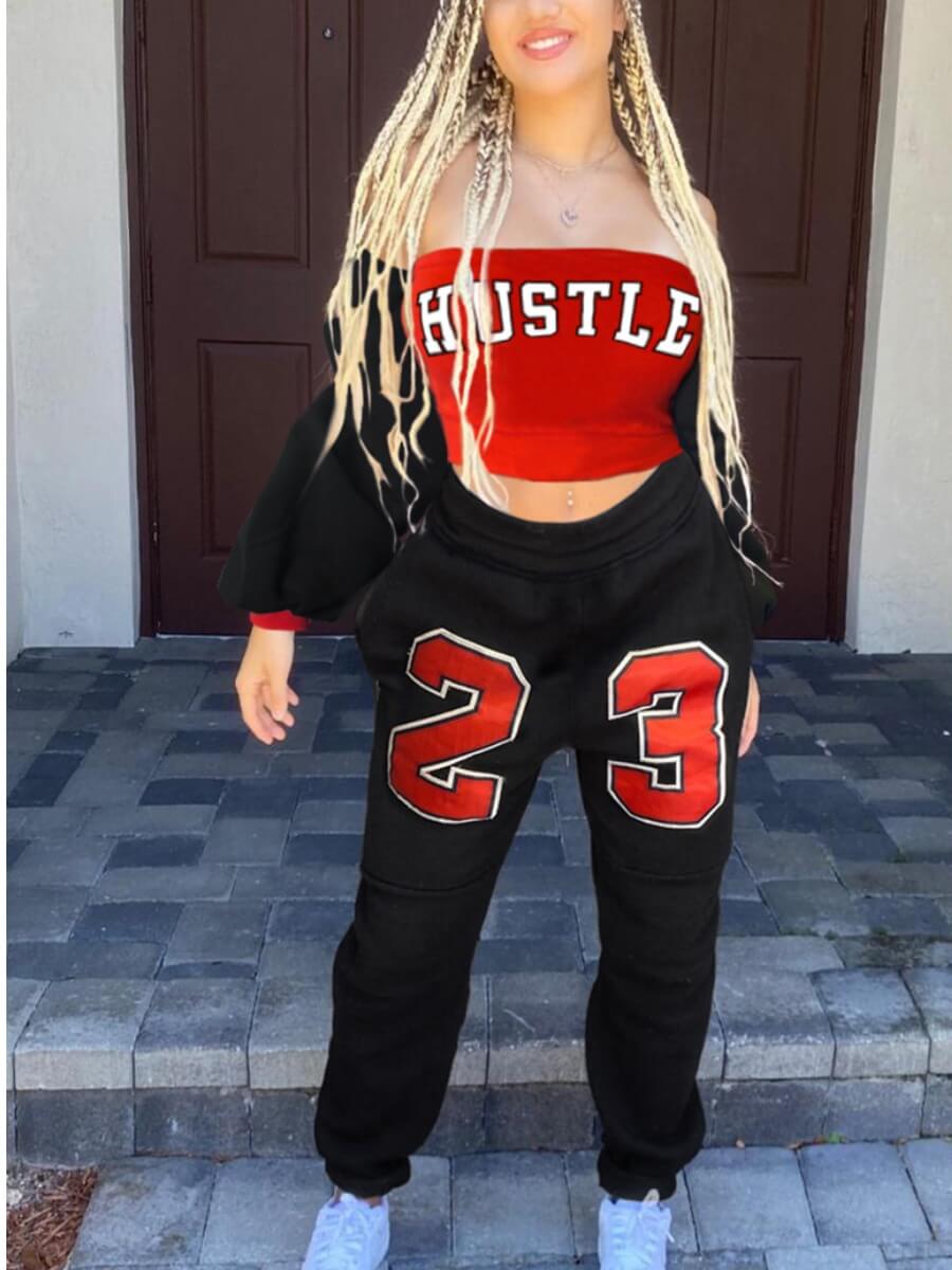 

Lovely Street Off The Shoulder Letter Print Black Two Piece Pants Set