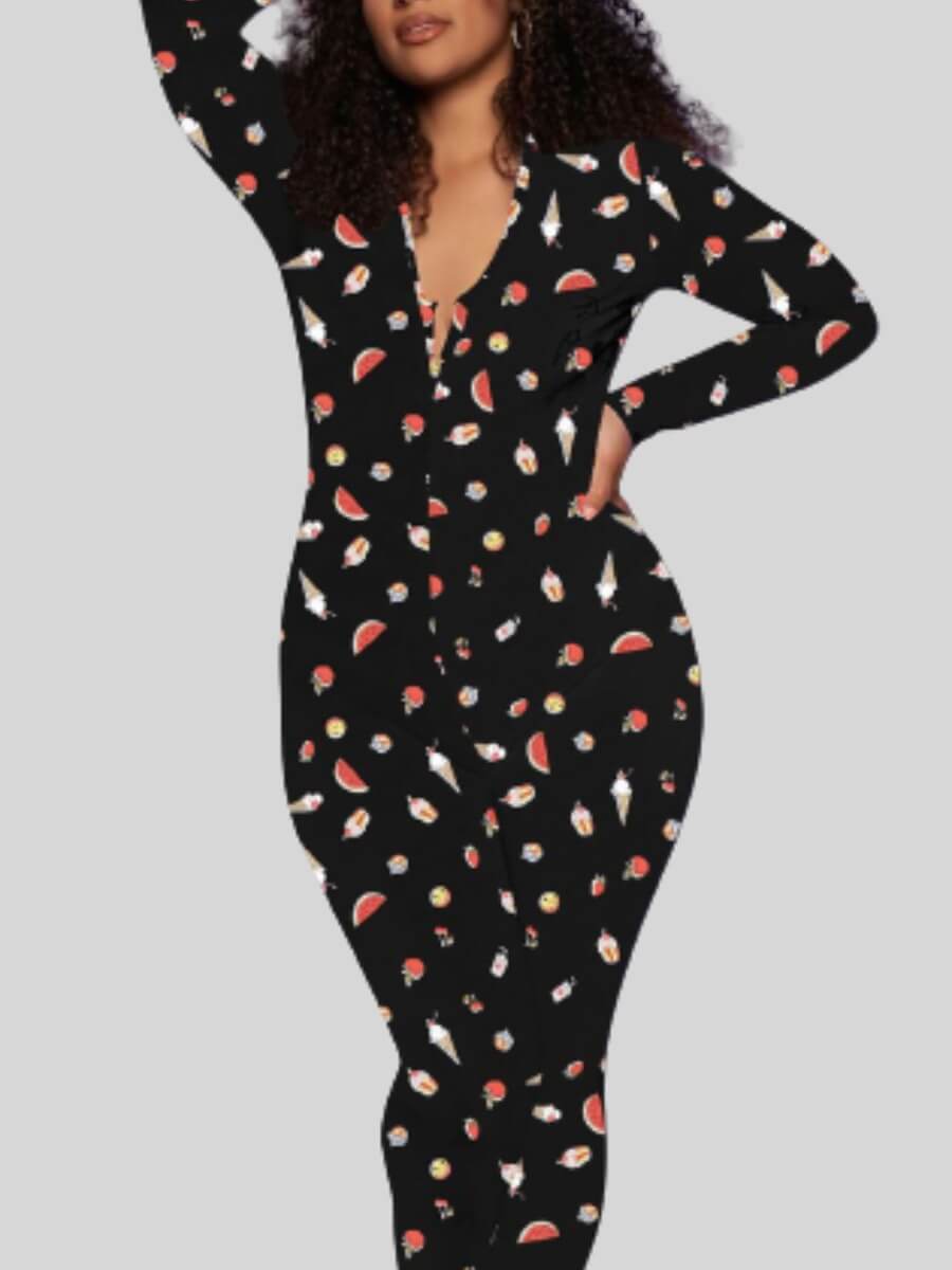 

Lovely Casual Ice Cream Print Button Design Pitch-black Sleepwear