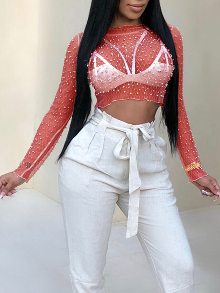 

Lovely Sexy See-through Pearl Decoration Red T-shirt