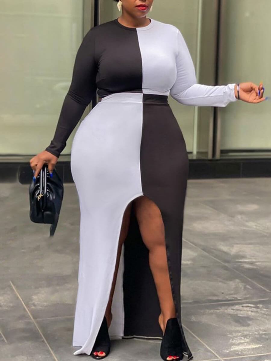 

Lovely Sweet O Neck Front High Slit Black Plus Size Two-piece Skirt Set