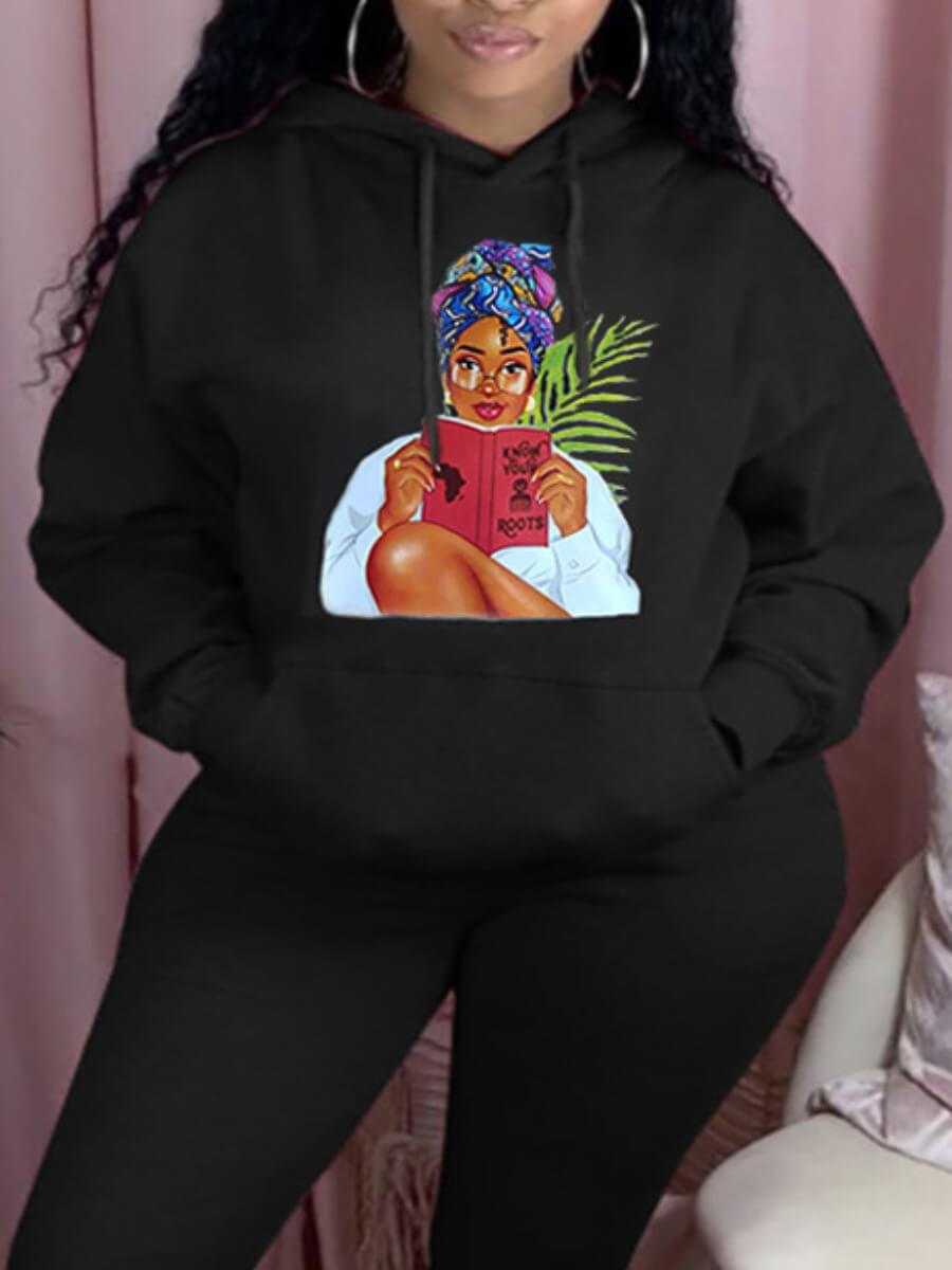 

Lovely Casual Face Print Kangaroo Pocket Black Hoodie