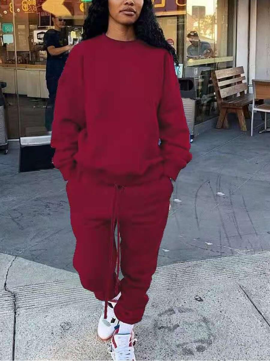 

Lovely Sportswear O Neck Drawstring Design Wine Red Two Piece Pants Set