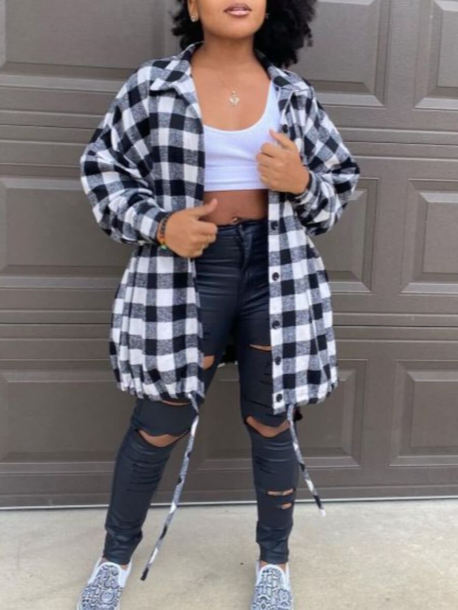 

Lovely Casual Dropped Shoulder Sleeve Plaid Print Black Coat