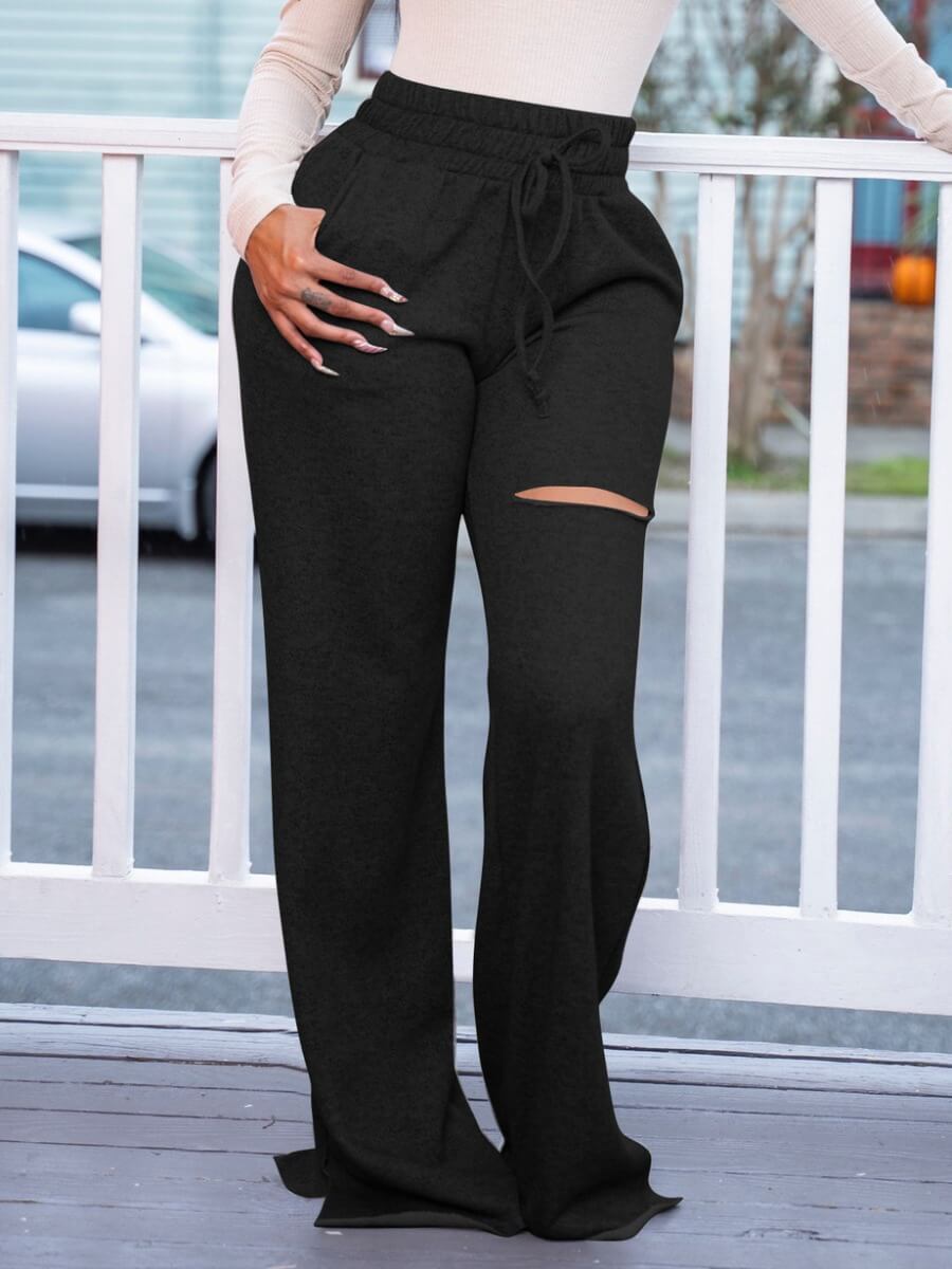 

Lovely Casual Broken Holes Drawstring Design Floor Length Black Pants