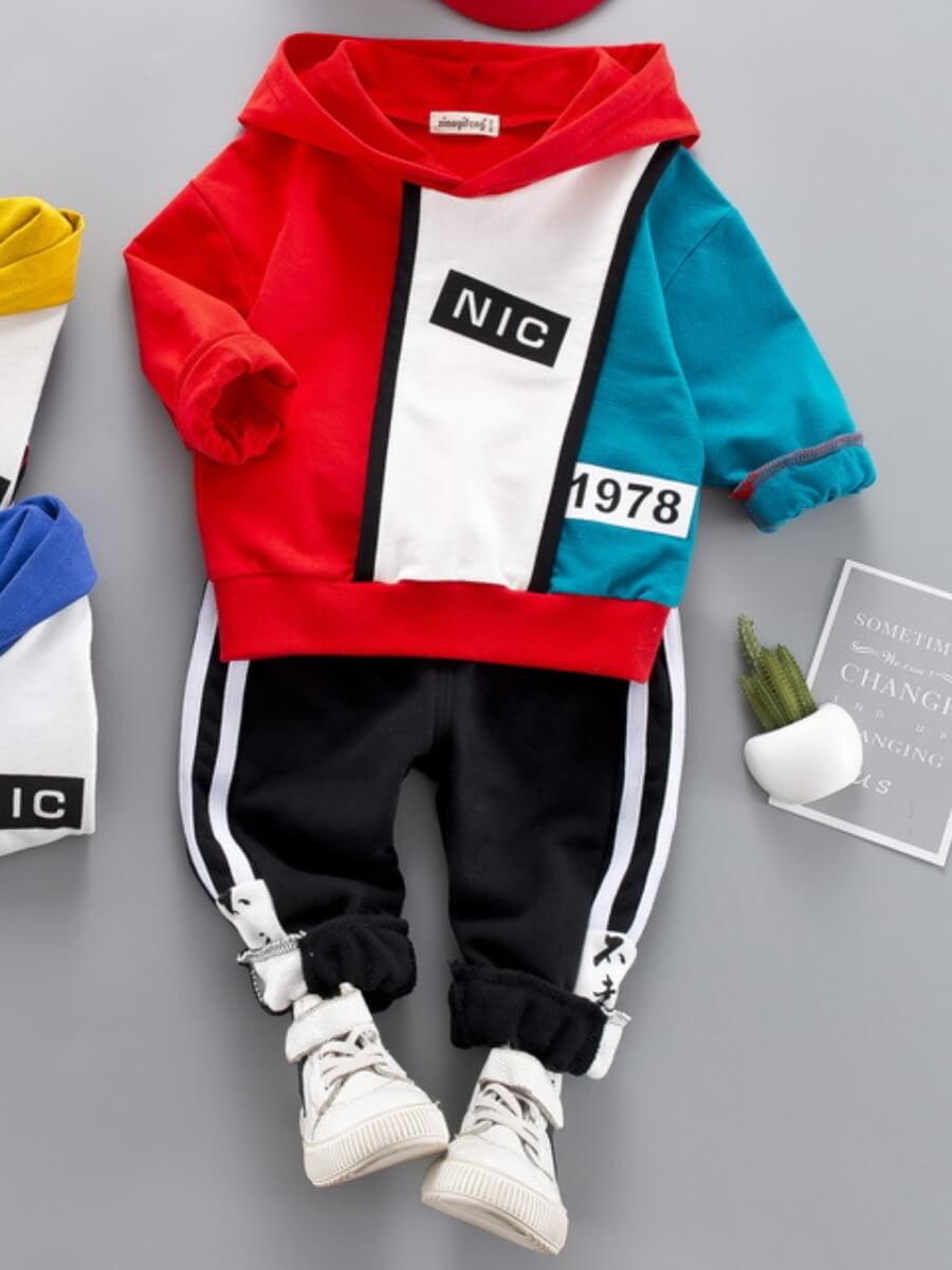 

Lovely Sportswear Hooded Collar Letter Print Patchwork Red Boy Two Piece Pants Set