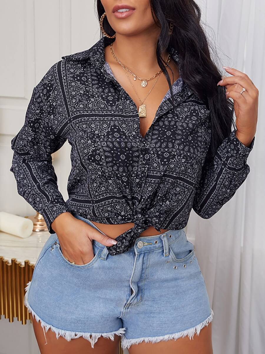 

LW Stylish Turndown Collar Print Loose Black Shirt