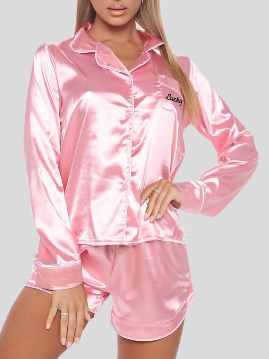 

Lovely Casual Turndown Collar Print Pink Sleepwear