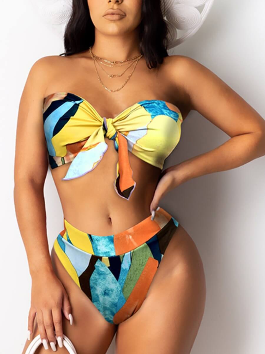 

Lovely Casual Print Patchwork Bandage Design Yellow Two-piece Swimsuit