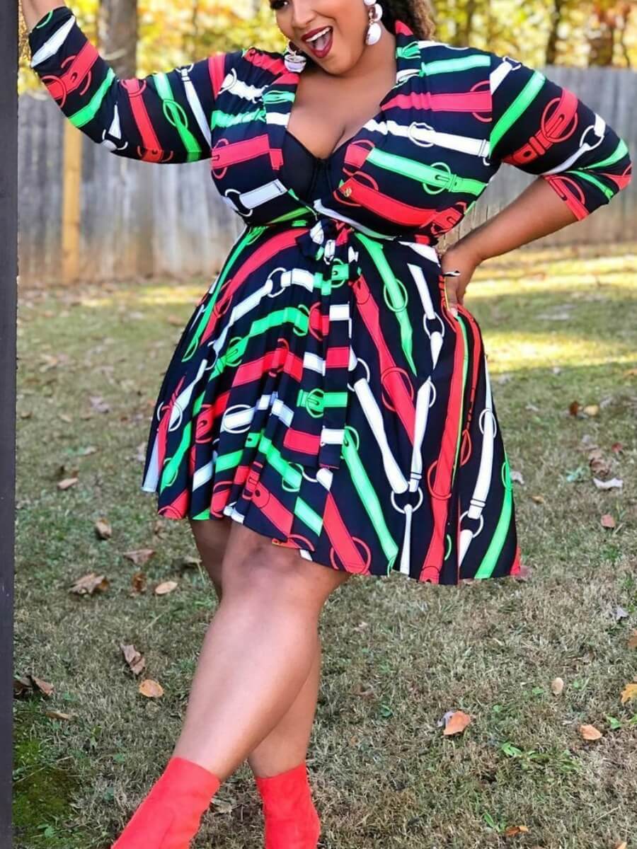 

Lovely Casual V Neck Print Red Knee Length A Line Plus Size Dress