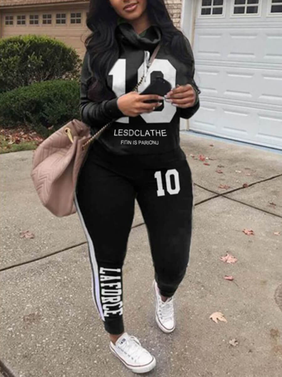 

Lovely Sportswear Turtleneck Letter Print Black Plus Size Two-piece Pants Set