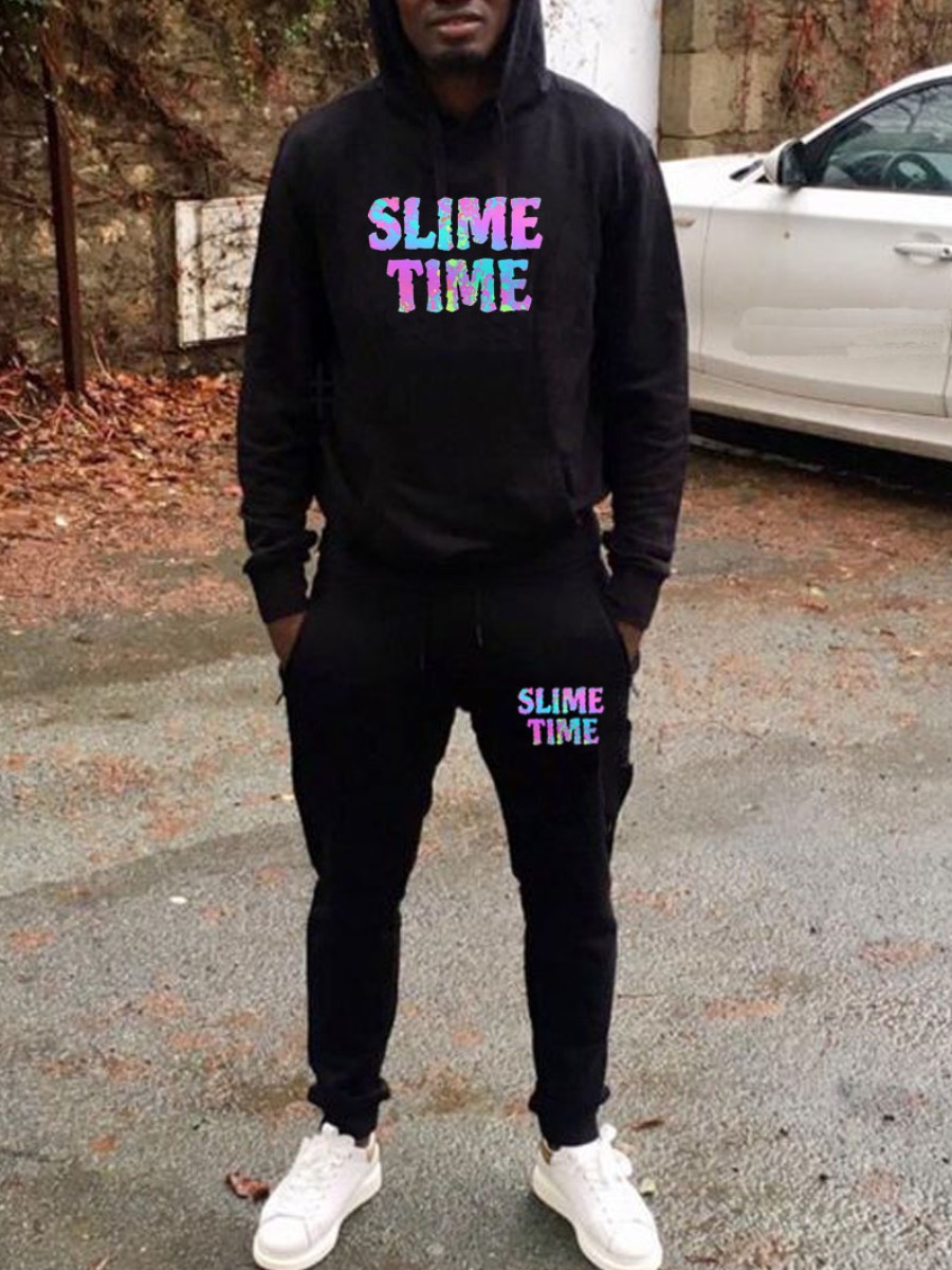 

LW Men Casual Hooded Collar Letter Print Black Two Piece Pants Set