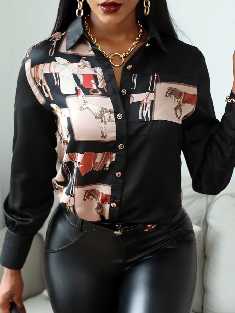 

Lovely Casual Turndown Collar Print Patchwork Black Blouse