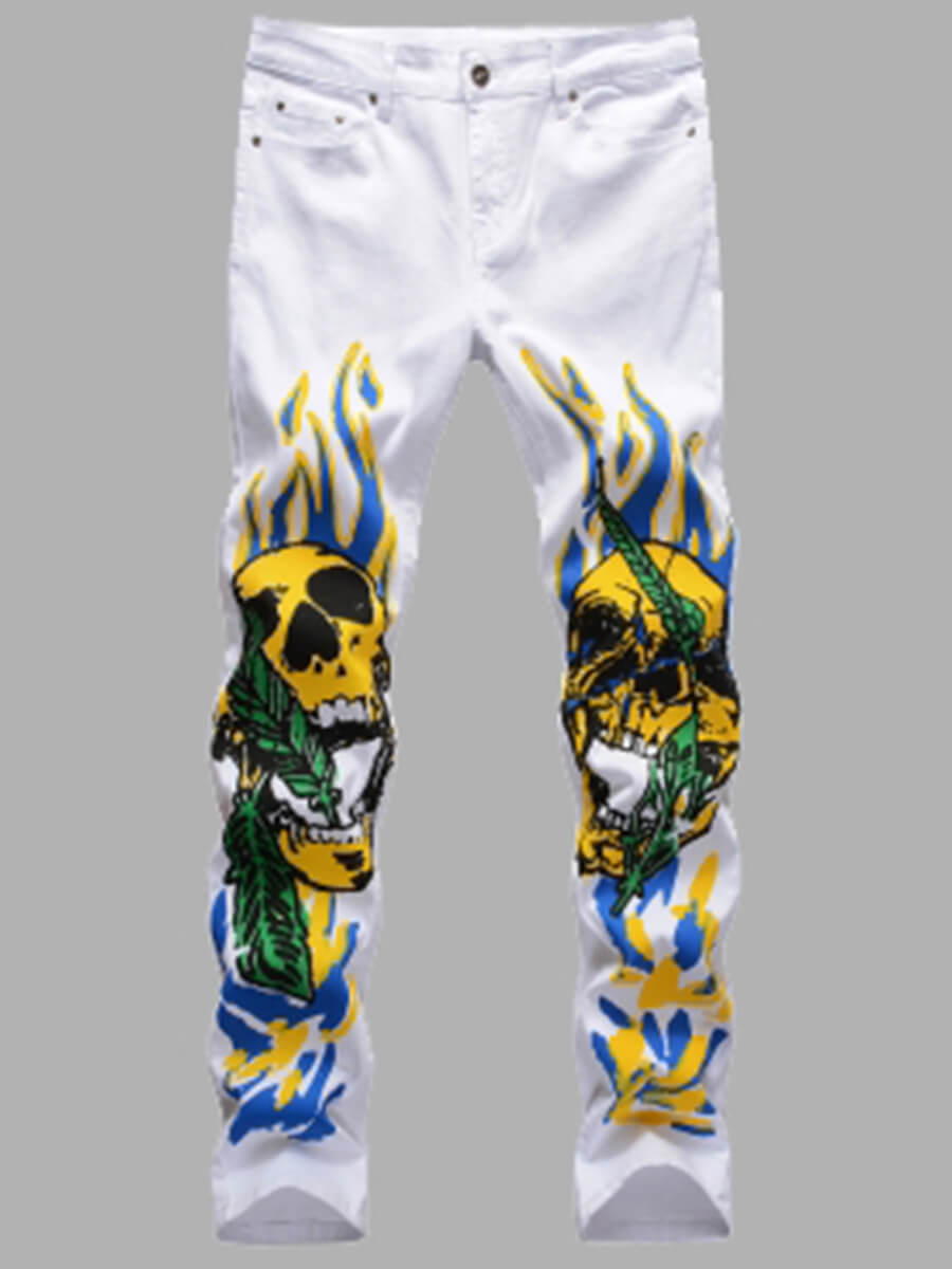 

Lovely Street Skull Print Patchwork White Men Jeans