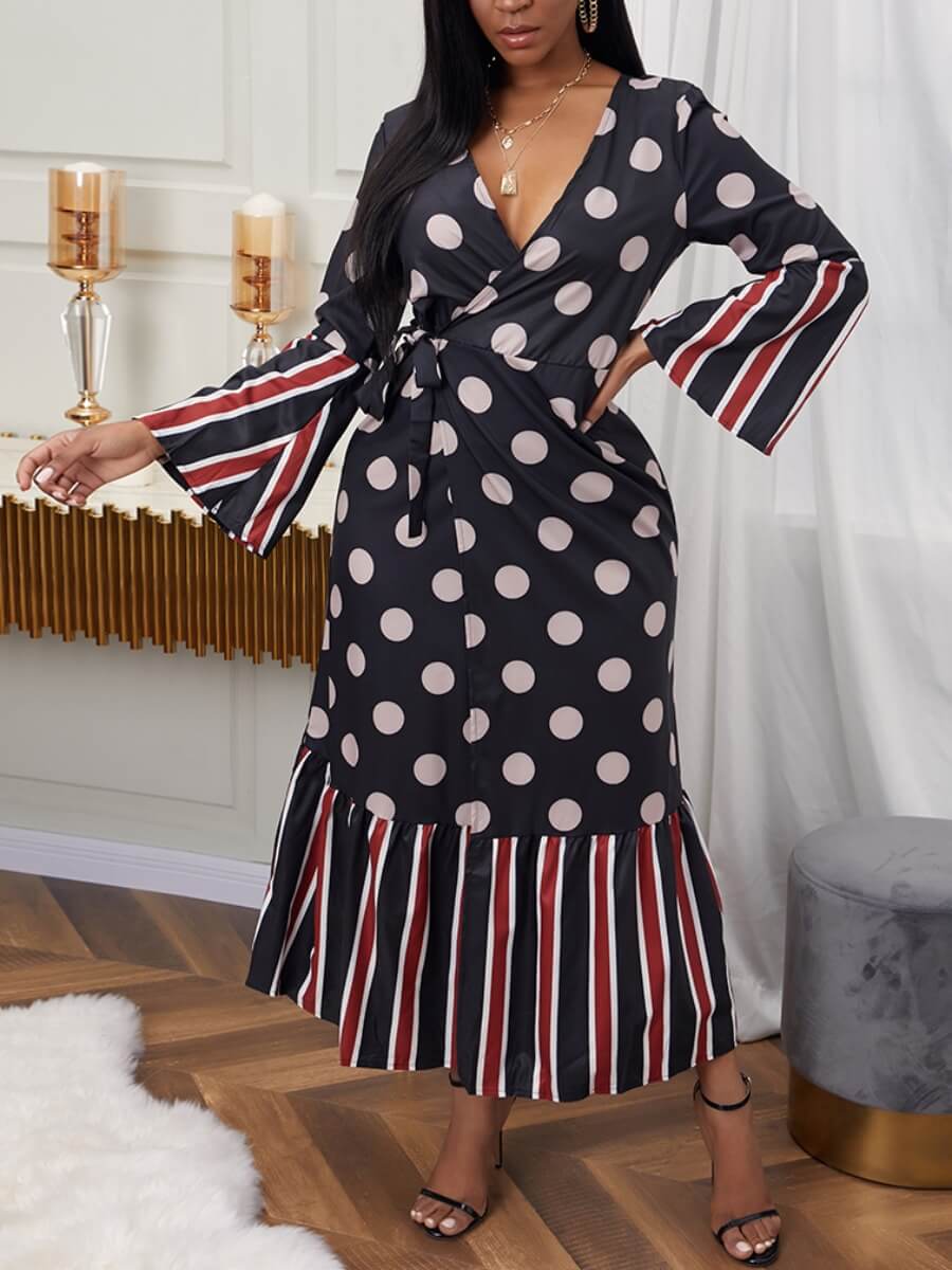 

Lovely Casual Flared Dot Print Bandage Design Black Ankle Length Dress