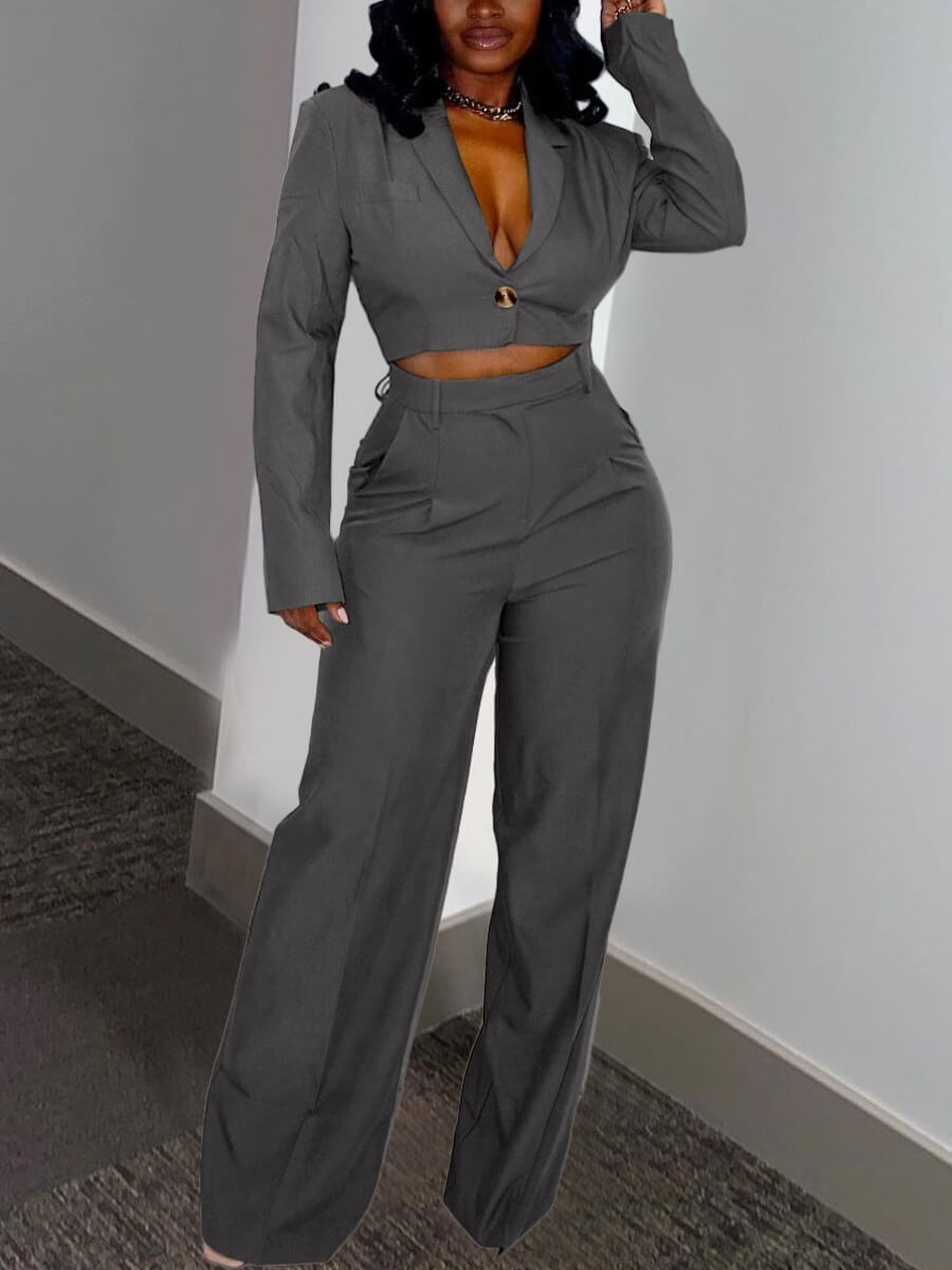 

Lovely Formal Turndown Collar Button Design Grey Two Piece Pants Set