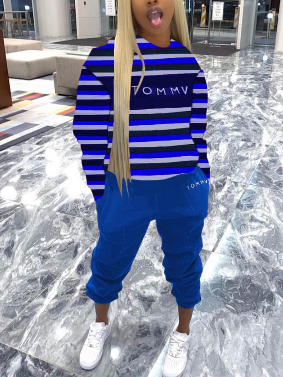 

Lovely Trendy Letter Print Striped Blue Two Piece Pants Set
