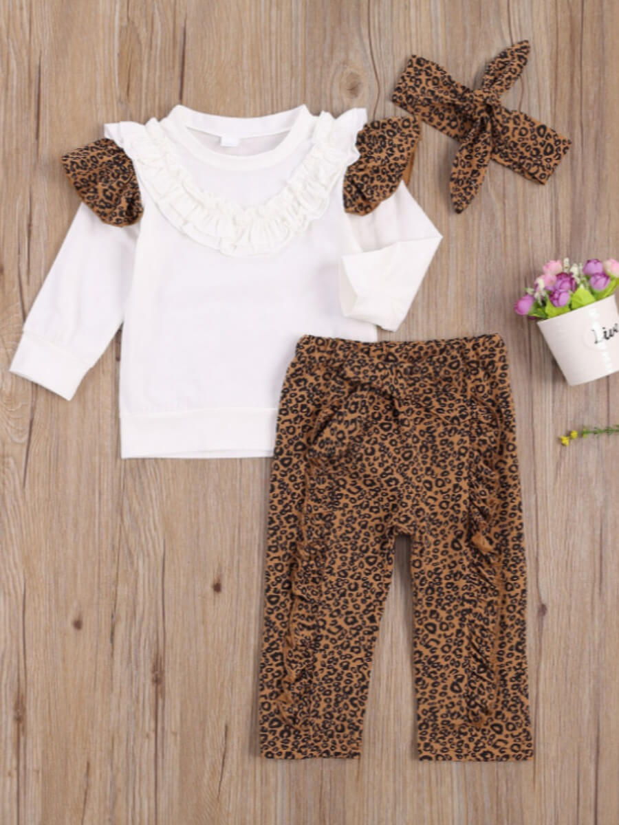 

Lovely Trendy Leopard Print Flounce Design White Girl Two Piece Pants Set(With Head Wear