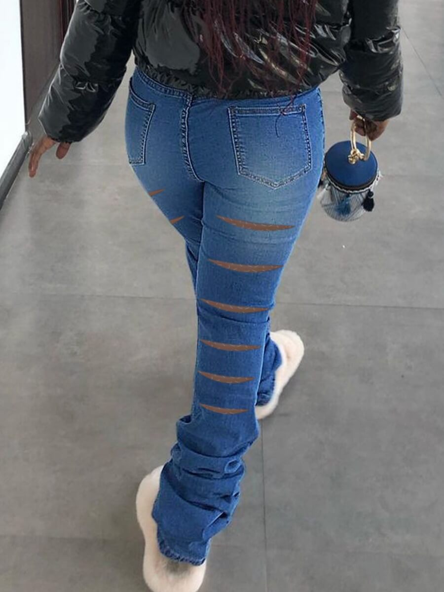 

Lovely Street Ripped Fold Design Deep Blue Jeans