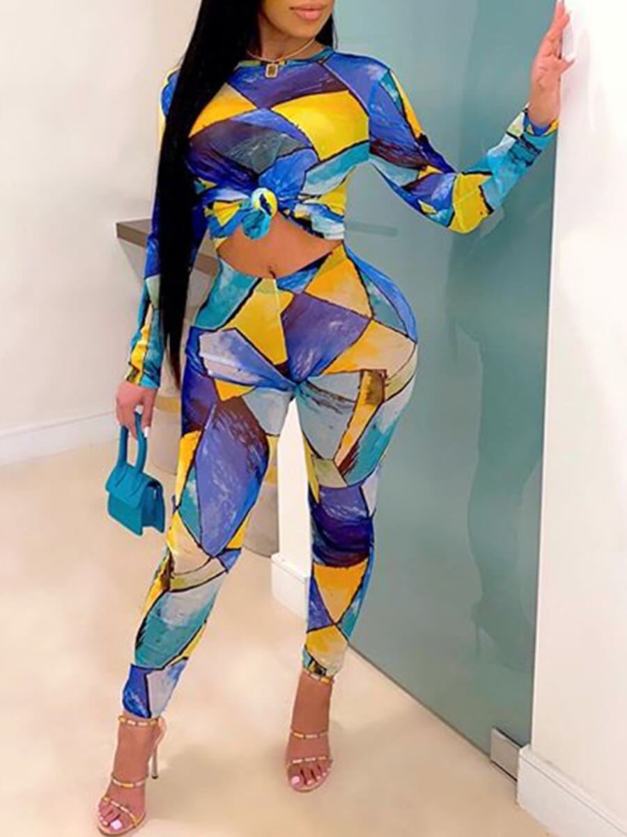 

Lovely Casual O Neck Geometric Print Patchwork Multicolor Two Piece Pants Set, Multi