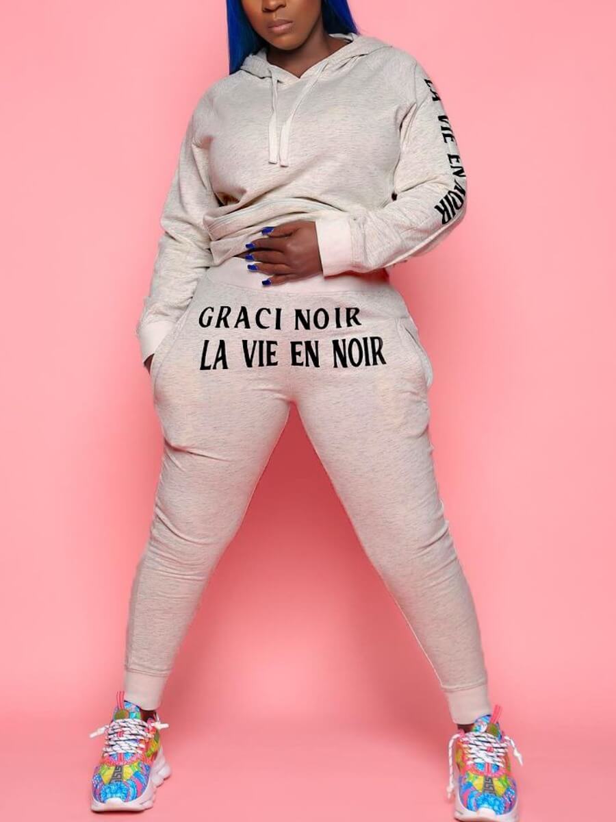 

Lovely Casual Hooded Collar Letter Print Grey Two Piece Pants Set