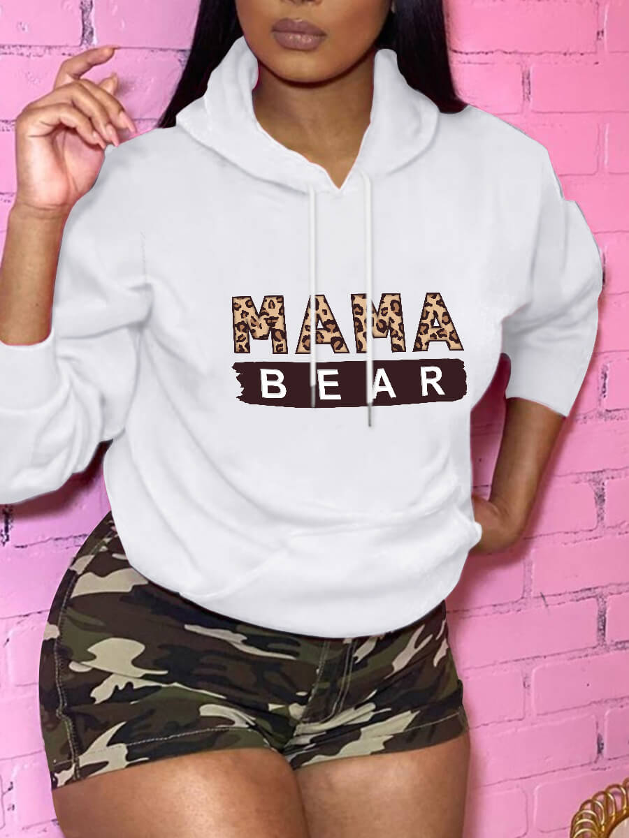 

Lovely Street Leopard Letter Print Kangaroo Pocket White Hoodie