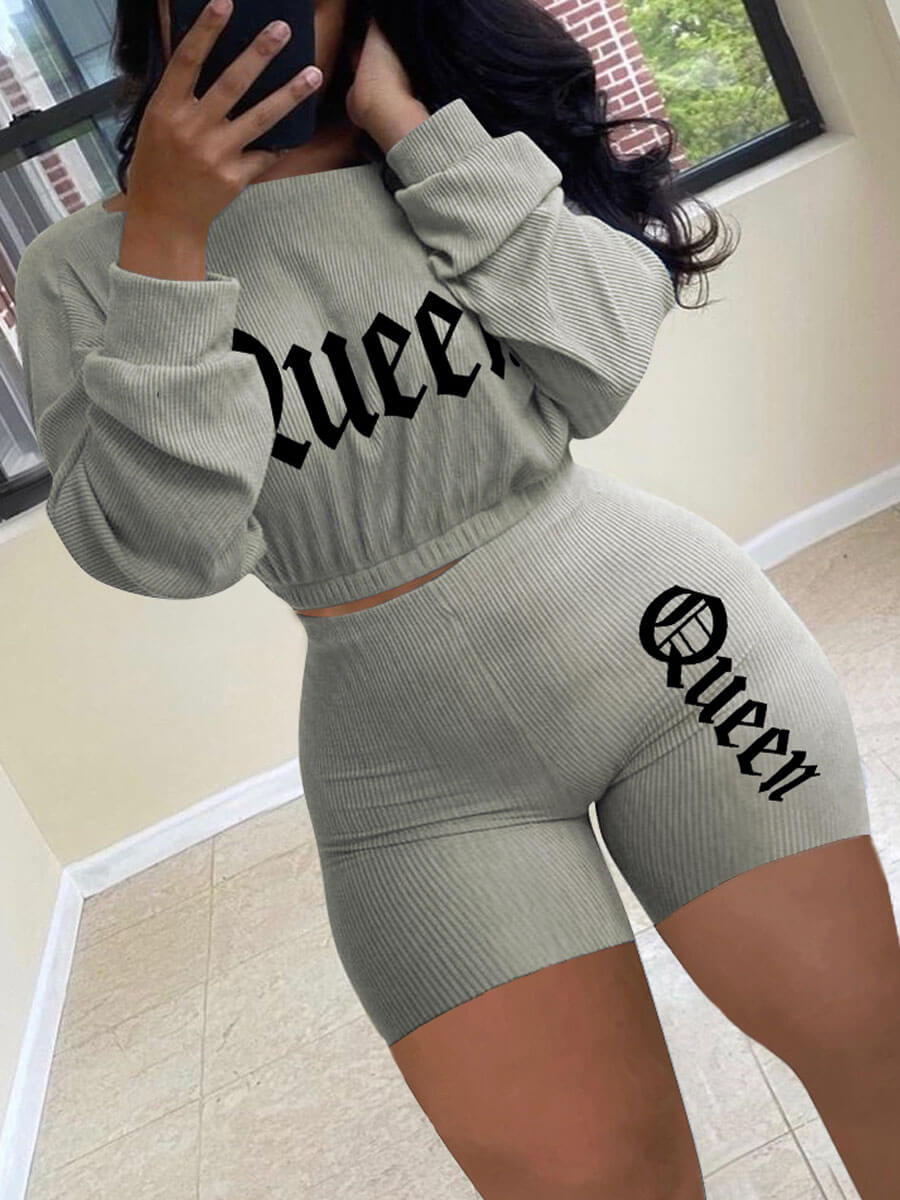 

Lovely Casual O Neck Letter Print Grey Two Piece Shorts Set