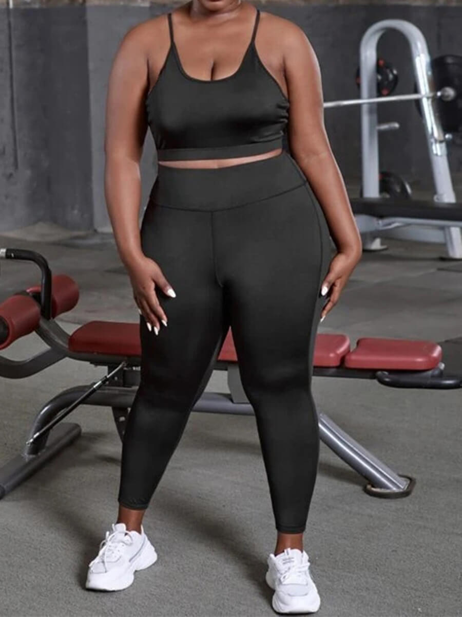 

Lovely Sportswear Backless Bandage Hollow-out Design Black Plus Size Two Piece Pants Set