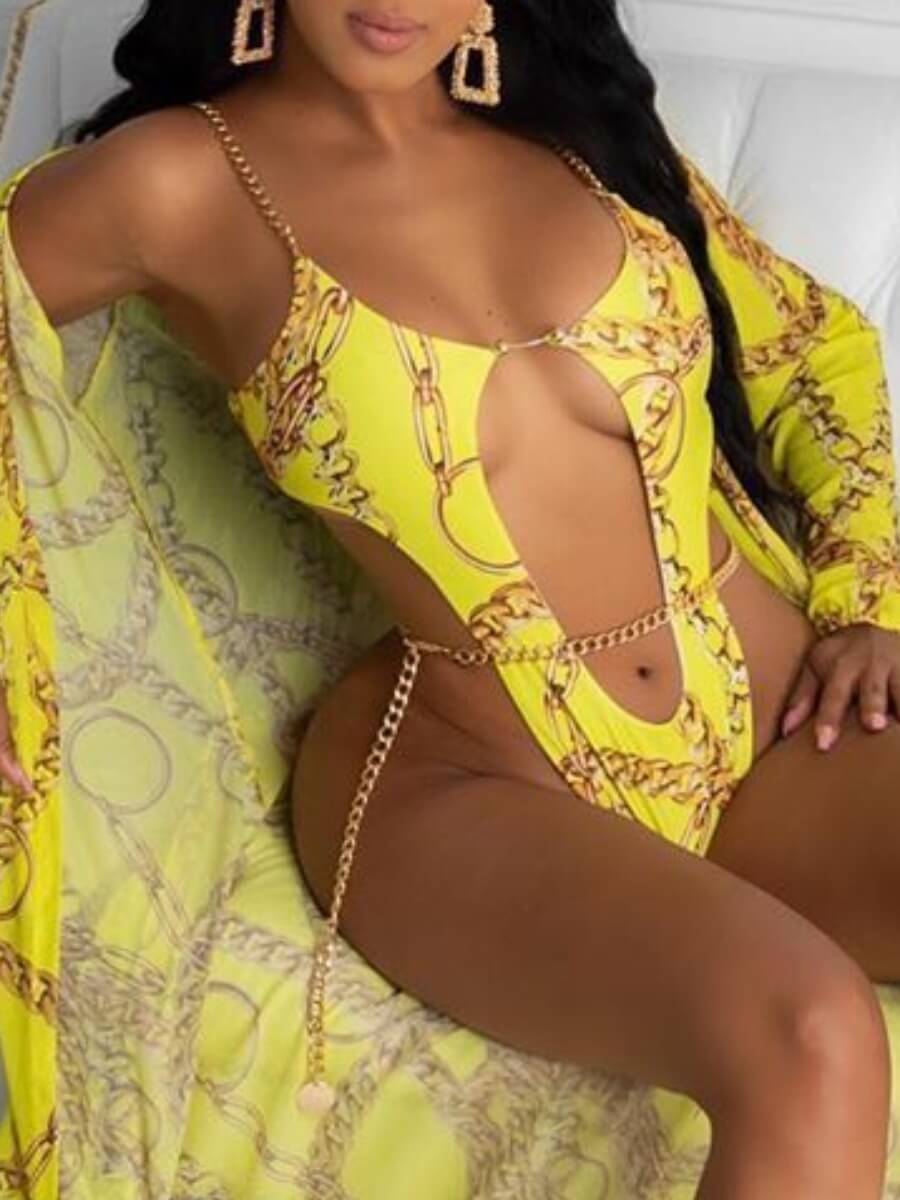 

LW Sexy Floral Print Chain Strap Hollow-out Yellow One-piece Swimsuit(Without Veil)