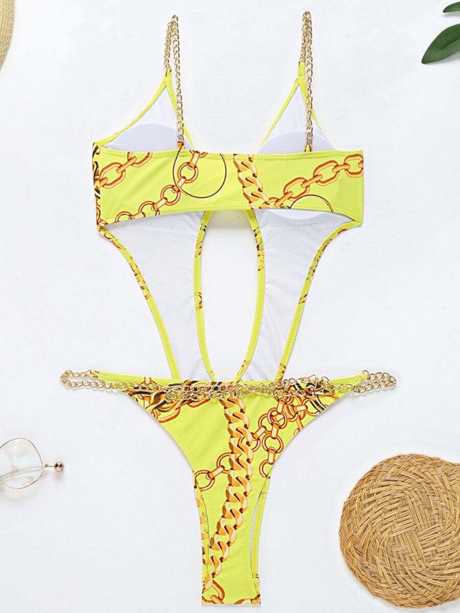 Lovely Sexy Floral Print Chain Strap Hollow-out Yellow One-piece Swimsuit(Without Veil)