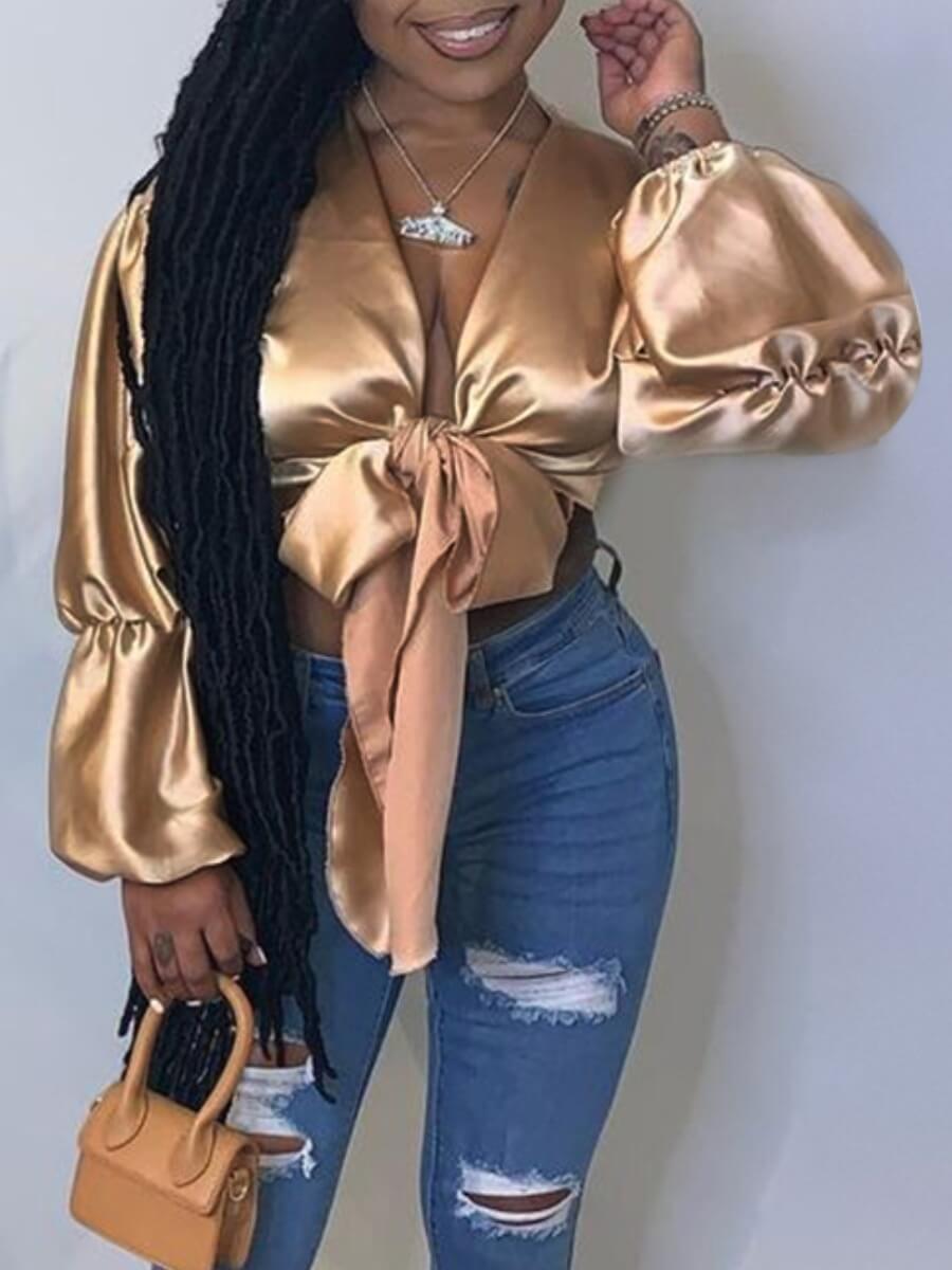 

Lovely Sweet Bandage Ruffle Design Loose Champagne Blouse