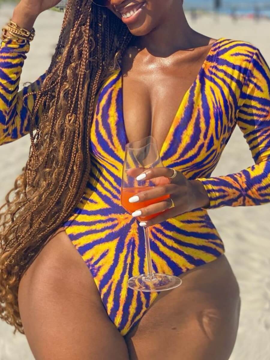 

LW Sexy Deep V Neck Print Patchwork Yellow One-piece Swimsuit
