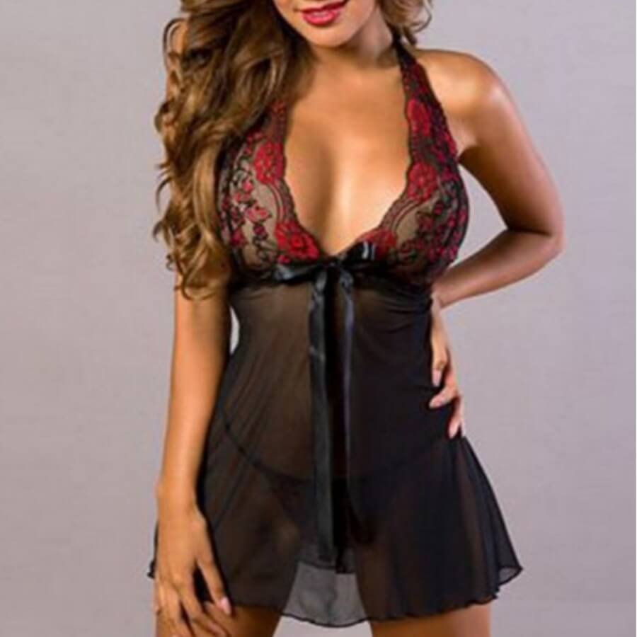 

Lovely Lace Casual Patchwork See-through Regular Stitching Way Babydolls, Black