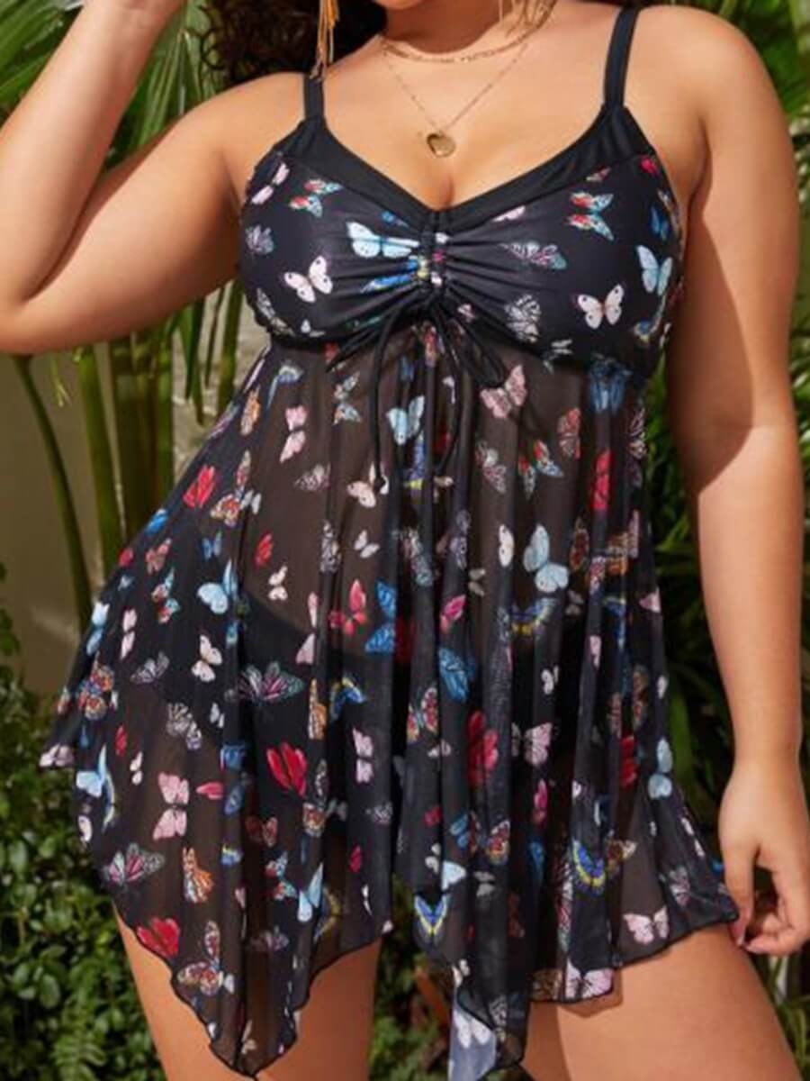 

Lovely Trendy Butterfly Print Mesh Asymmetrical Black Plus Size Tankini