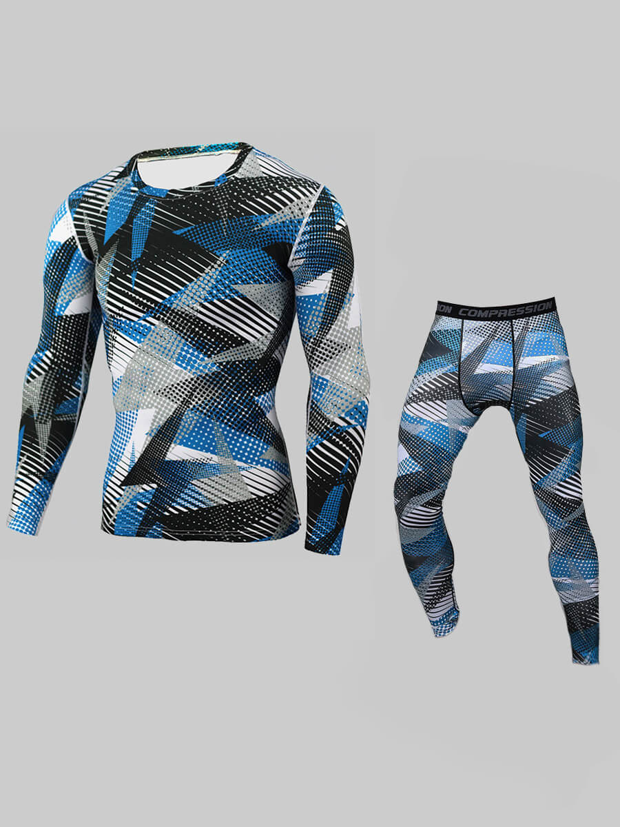 

Lovely Sportswear O Neck Geometric Print Blue Men Two Piece Pants Set