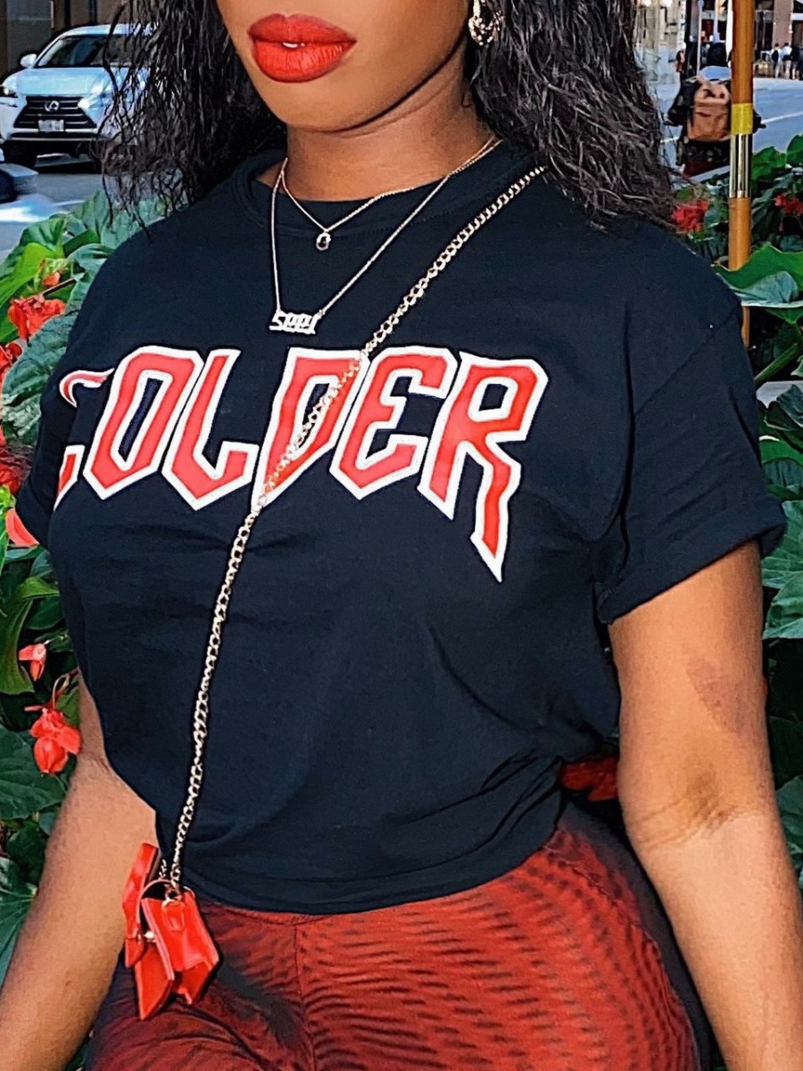 

LW Street O Neck Letter Print Black T-shirt