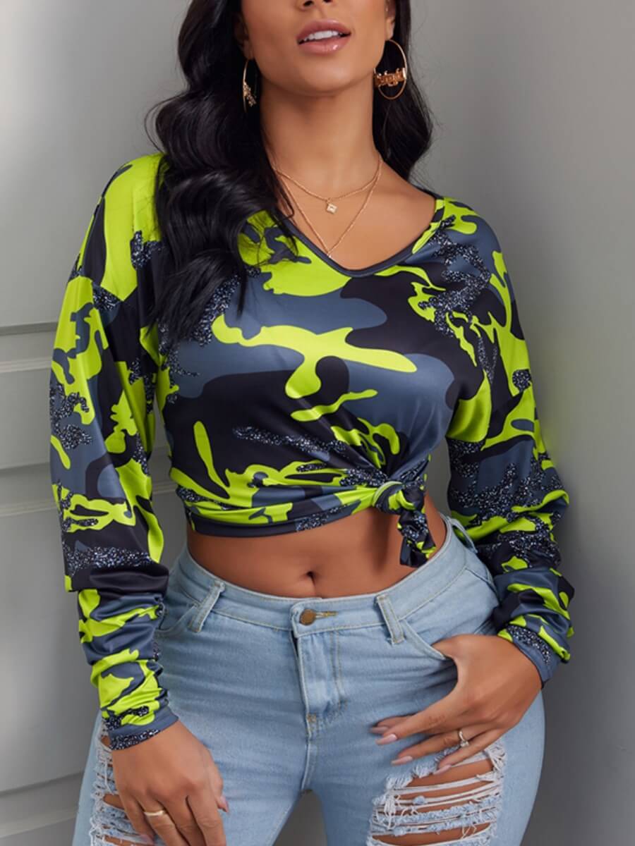 

Lovely Sweet V Neck Camo Print Yellow T-shirt