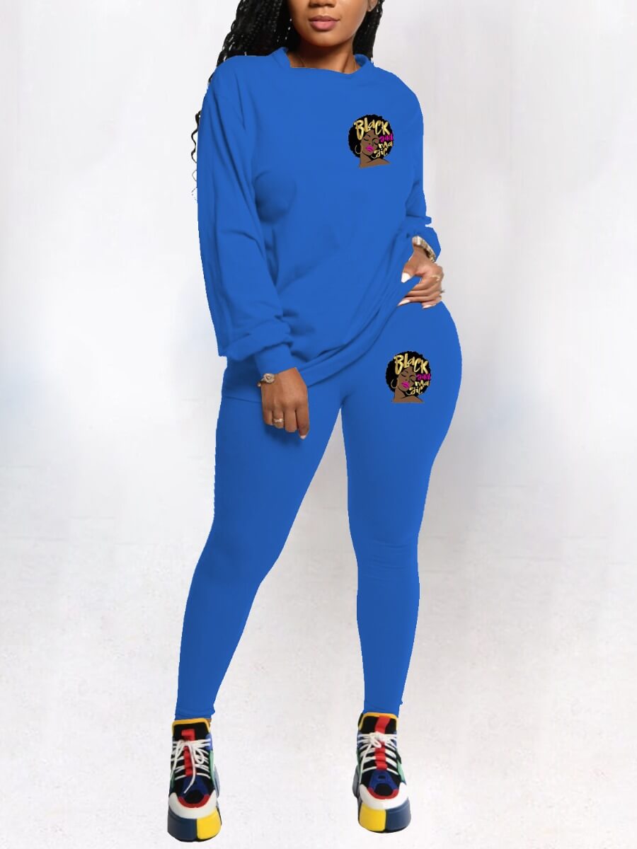 

Lovely Casual O Neck Letter Print Blue Two Piece Pants Set