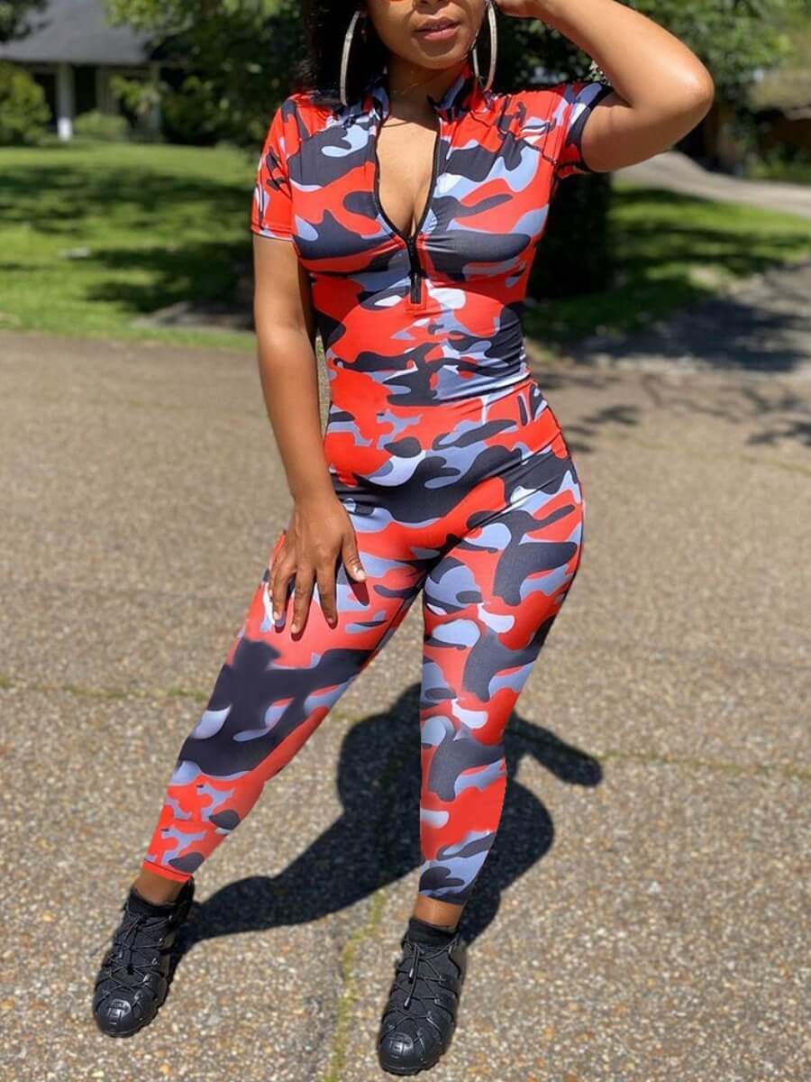 

Lovely Street Camo Print Skinny Red One-piece Jumpsuit, Red camouflage