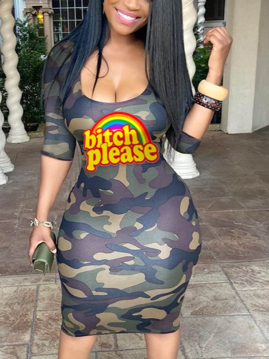 

LW Camo Letter Print Bodycon Dress, Army green