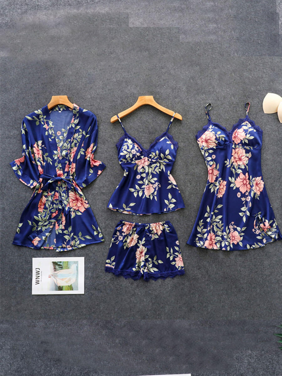 

Lovely Trendy Floral Print Lace Patchwork Blue Sleepwear(Four-piece Set
