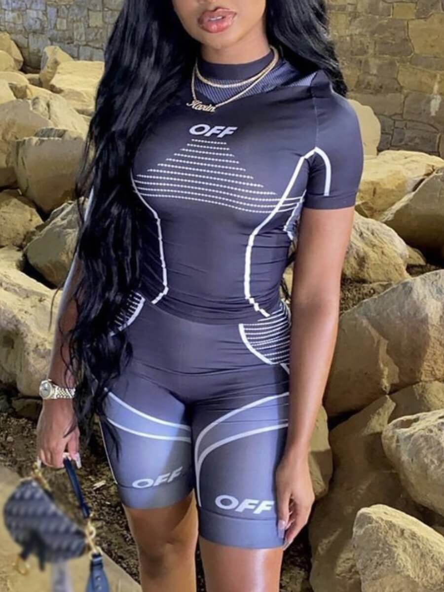 LW Sportswear Gradient Letter Print Striped Grey Two Piece Shorts Set