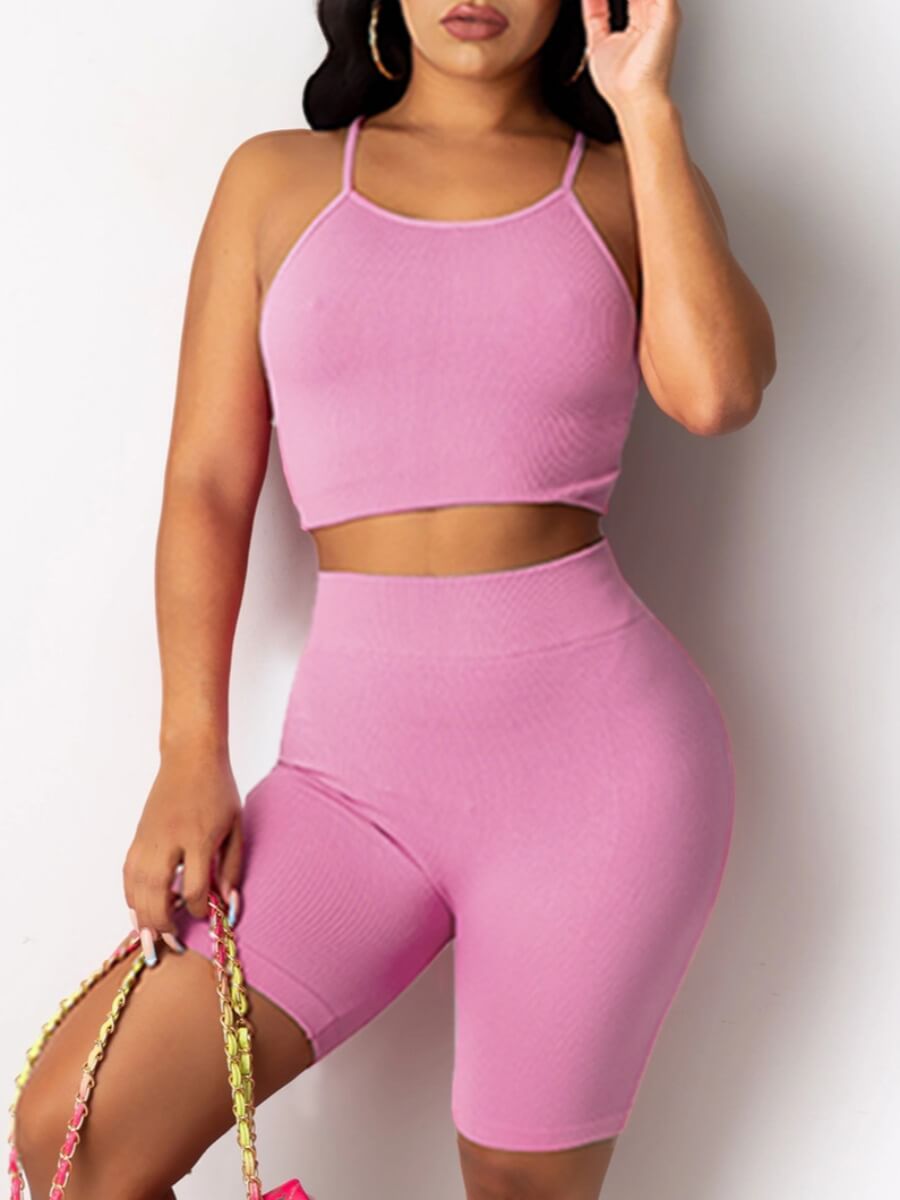

Lovely Trendy U Neck High-waisted Pink Yoga Two Piece Shorts Set