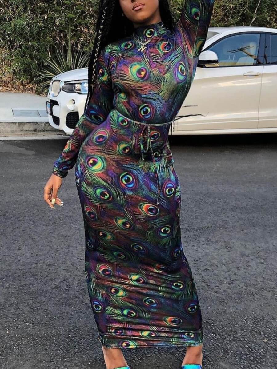 

Lovely Trendy Half A Turtleneck Print Lace-up Multicolor Ankle Length Dress, Multi
