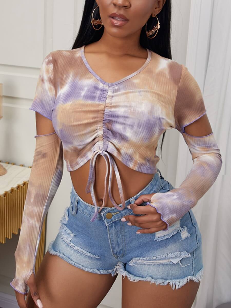 

Lovely Sweet Tie-dye Hollow-out Drawstring Light Purple T-shirt