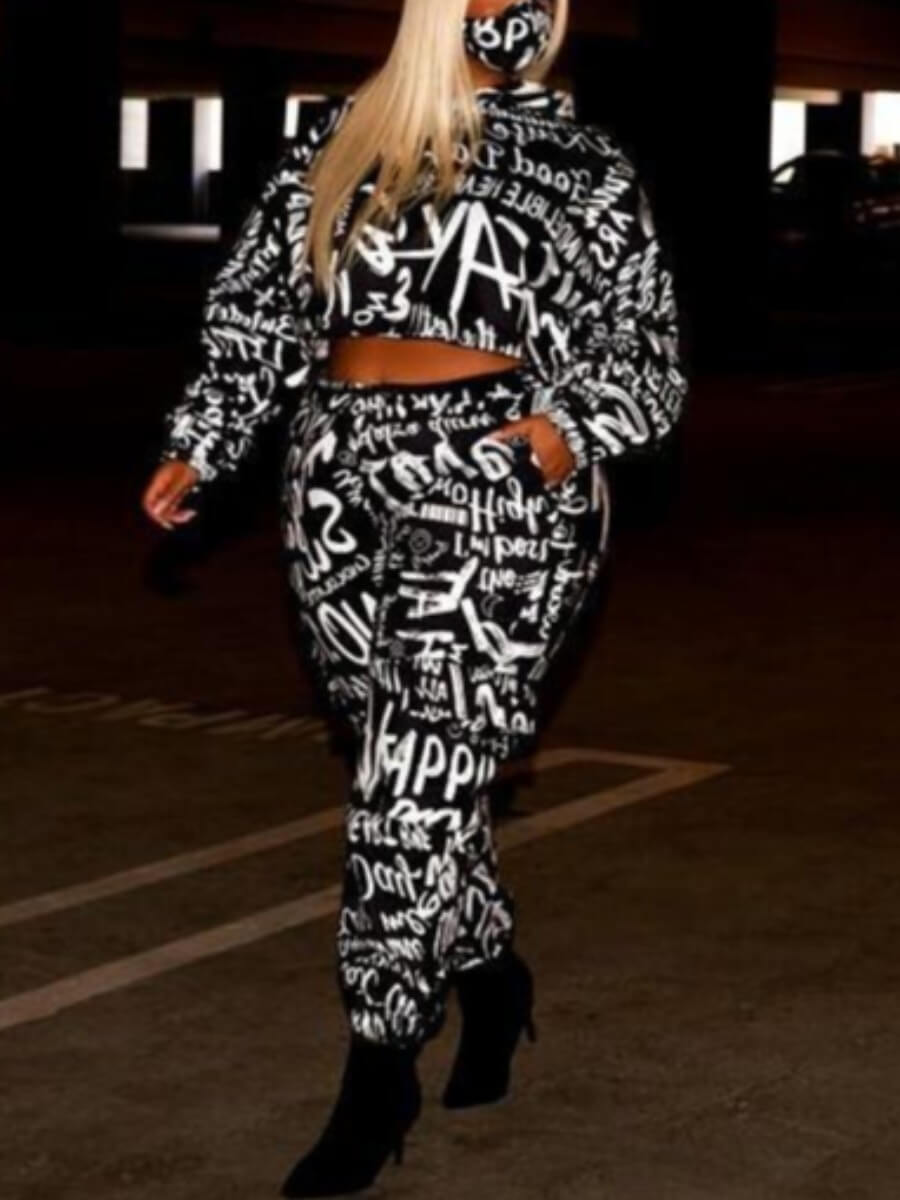 

Lovely Street Letter Print Patchwork Black Plus Size Two-piece Pants Set
