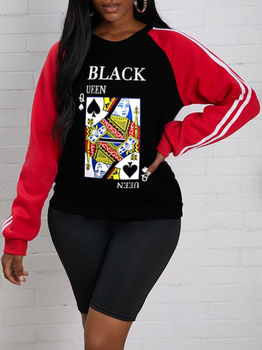

Lovely Trendy Letter Print Striped Patchwork Black Hoodie