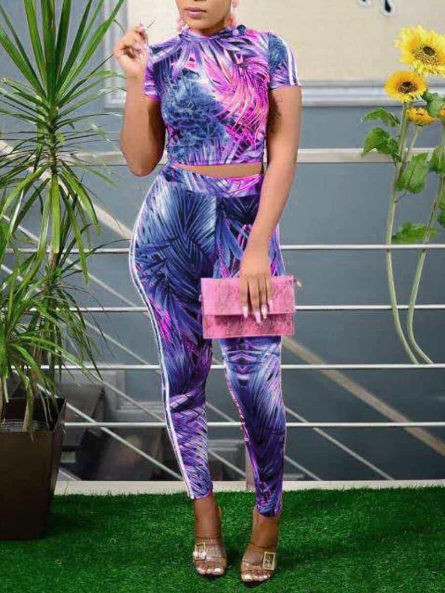 

Lovely Sportswear Hooded Collar Print Patchwork Blue Two Piece Pants Set