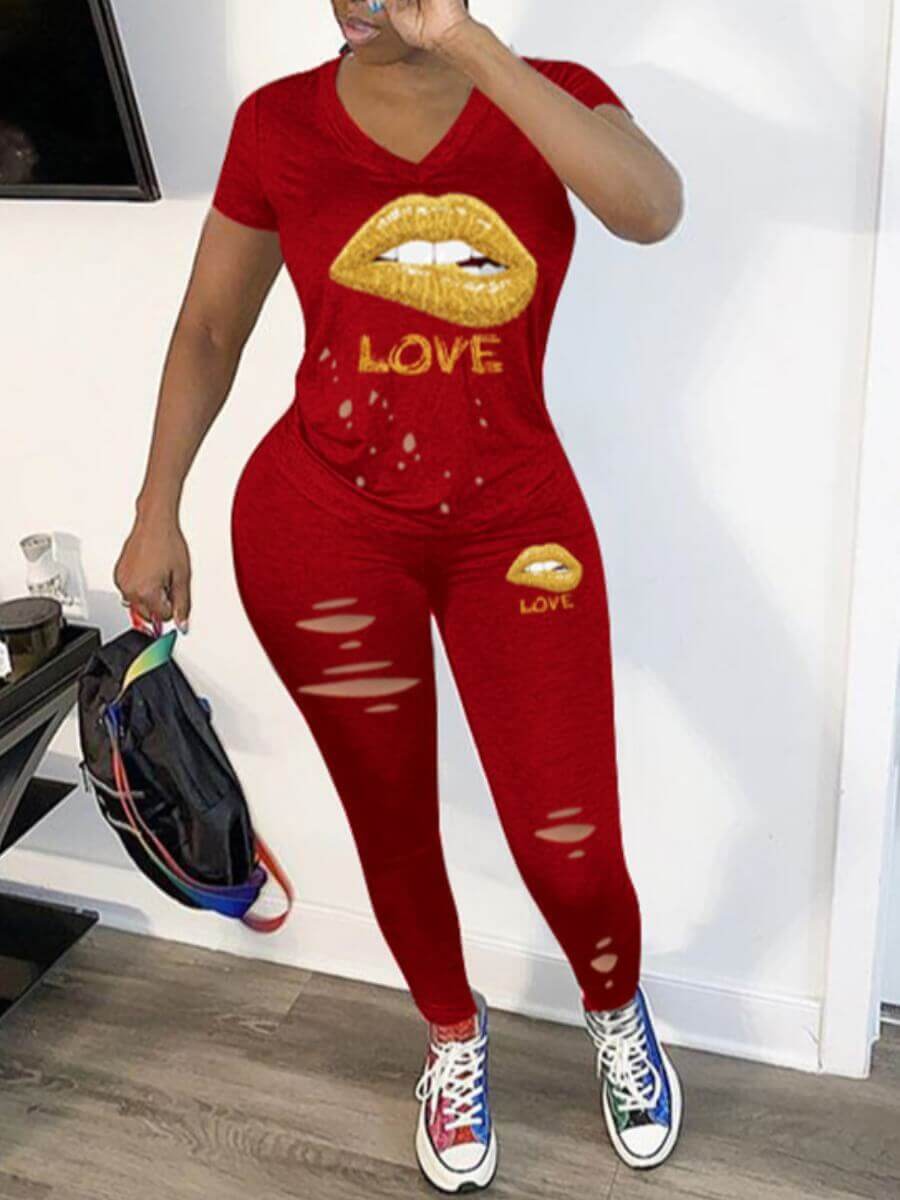 

Lovely Casual V Neck Lip Print Red Two Piece Pants Set
