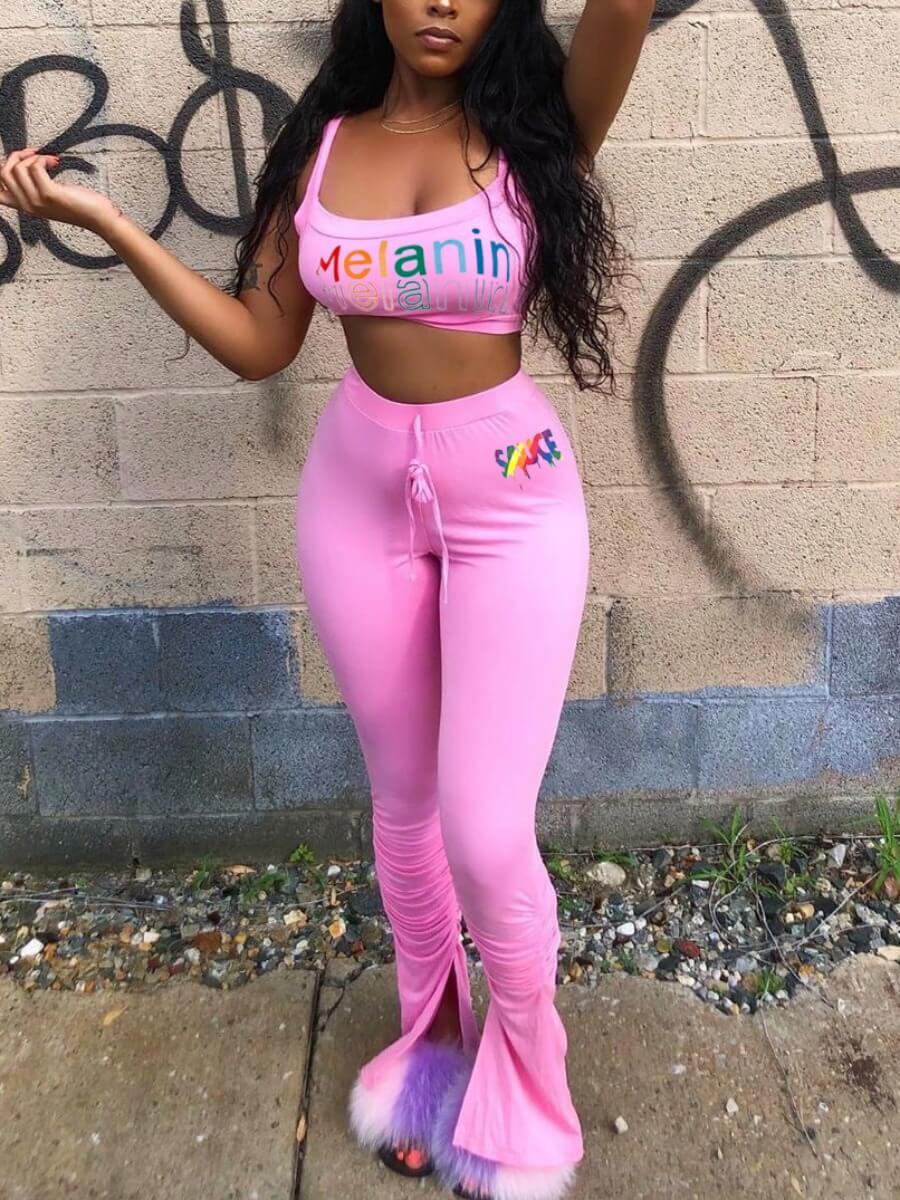 

Lovely Stylish Spaghetti Strap Split Fold Design Letter Print Pink Two Piece Pants Set